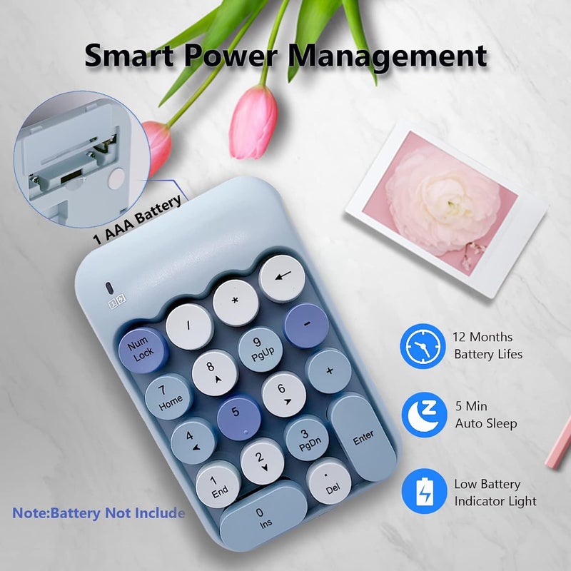 Seaciyan Wireless Number Pad, Ergonomic Cute Colorful Retro Mini Portable Numeric Keypad, 2.4G Cordless External Keyboard for Computer, Laptop (Blue) - Image 4